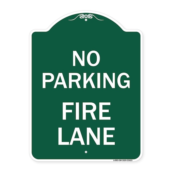Signmission No Parking Fire Lane W/ Striped Border, Green & White Aluminum Sign, 18" x 24", GW-1824-23623 A-DES-GW-1824-23623 - main